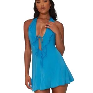 NWT‎ Oh Polly Halter Neck Ruffle A-Line Mini Dress Blue Sz 2